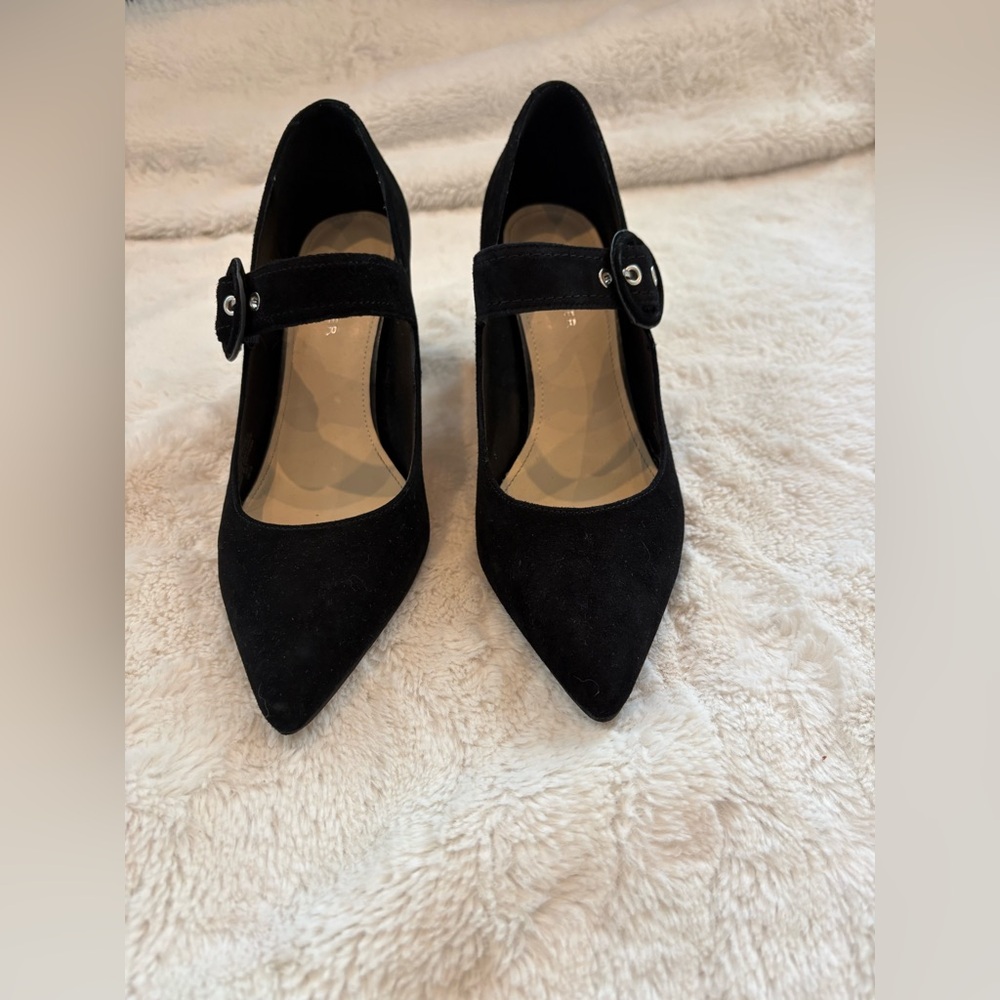 Black Suede Mary Jane Pointed-Toe Pumps